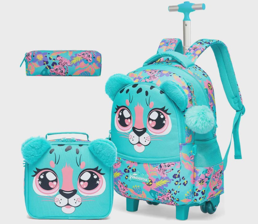 3-delige Kinder Trolley Rugzak Set met Wieltjes, Lunchtas en Etui - Meisjes