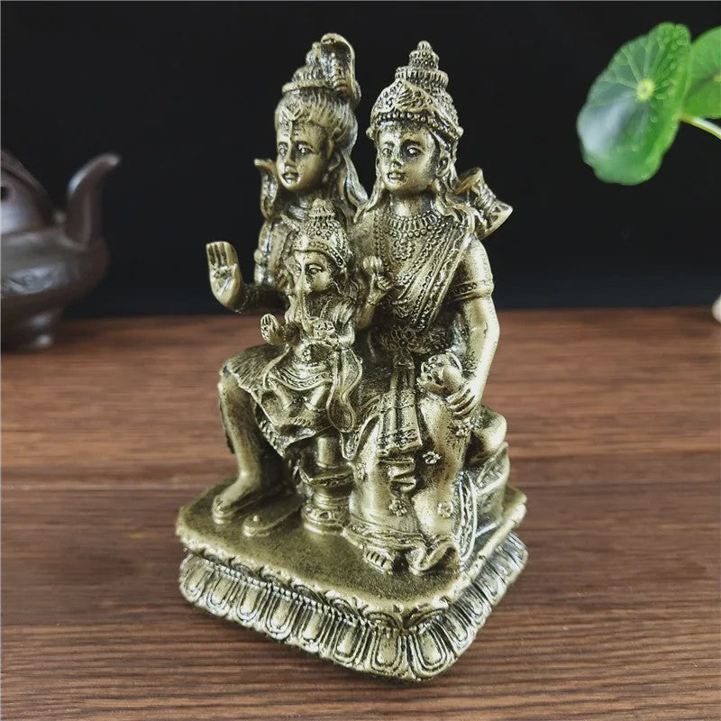 Bronzen Beeld Shiva, Parvati en Ganesha - Hindoeïstische Familie Feng Shui Decoratie