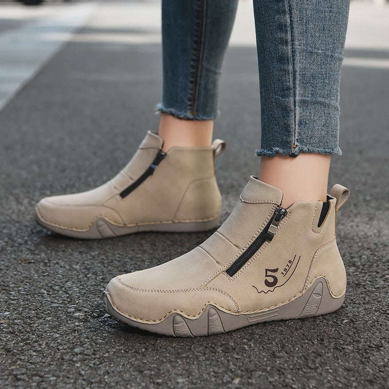 Dames Enkellaarsjes met Rits - Comfortabele Casual Leren Sneakers voor Lente & Herfst