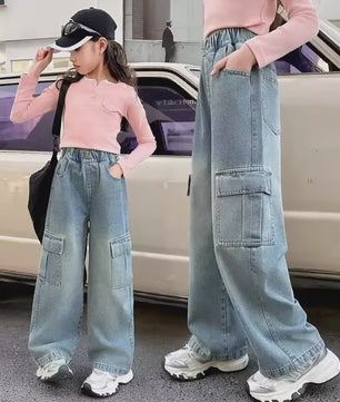 Stoere Meisjes Cargo Jeans - Wijd & Loose Fit | Mode Streetwear voor Kinderen (5-12 jaar)