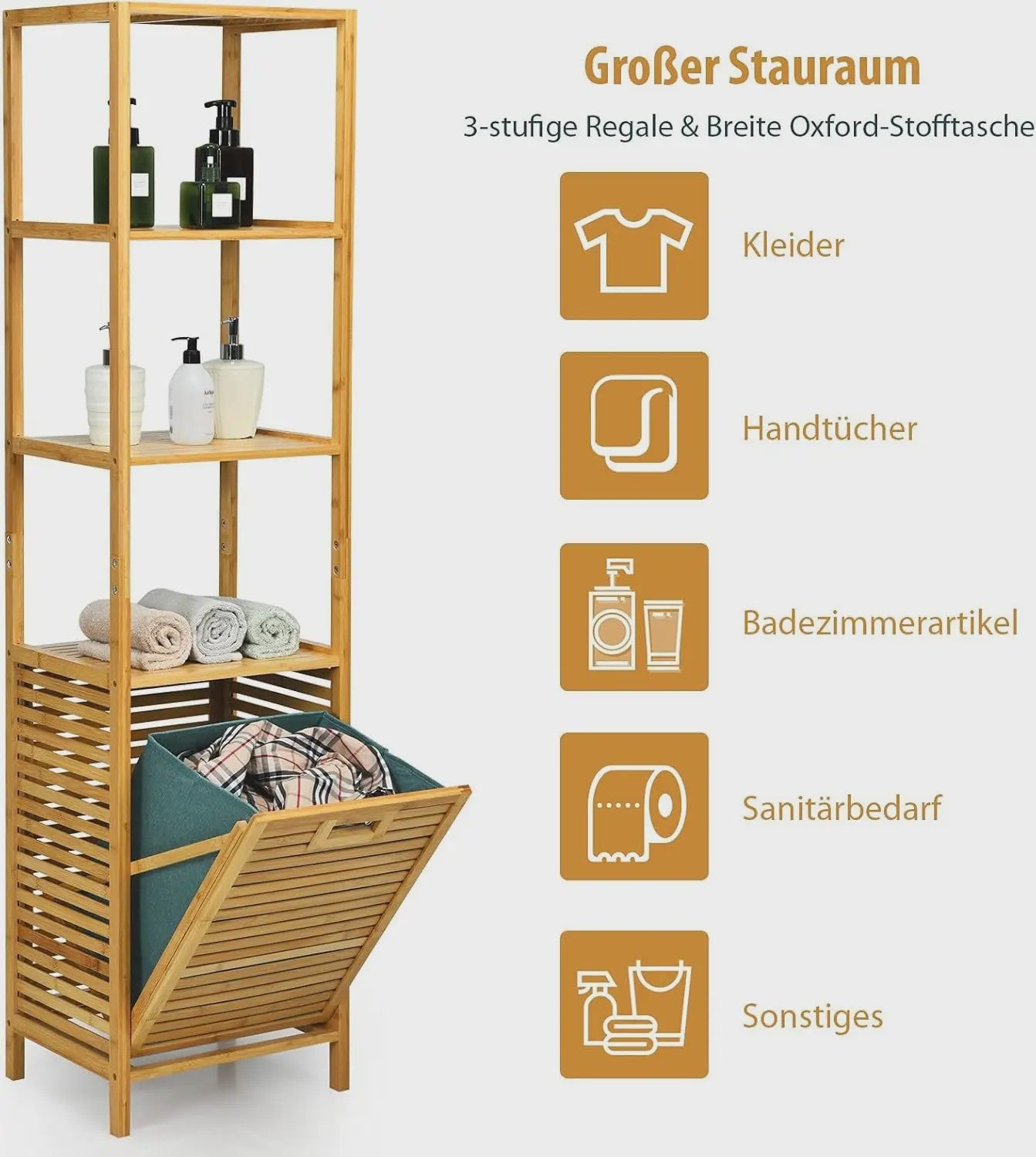 Bamboe Badkamerrek met Wasmand - 2-in-1 Hoge Kast met 3 Planken