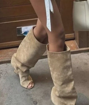 Zomer Peep Toe Laarzen met Hoge Blokhak - Elegante Lange Laarzen voor Dames