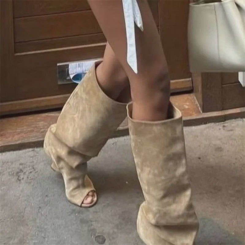 Zomer Peep Toe Laarzen met Hoge Blokhak - Elegante Lange Laarzen voor Dames