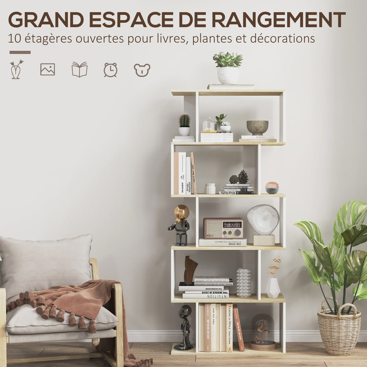 HOMCOM Scandinavische Boekenkast met 5 Vakken - Wit & Houtkleur