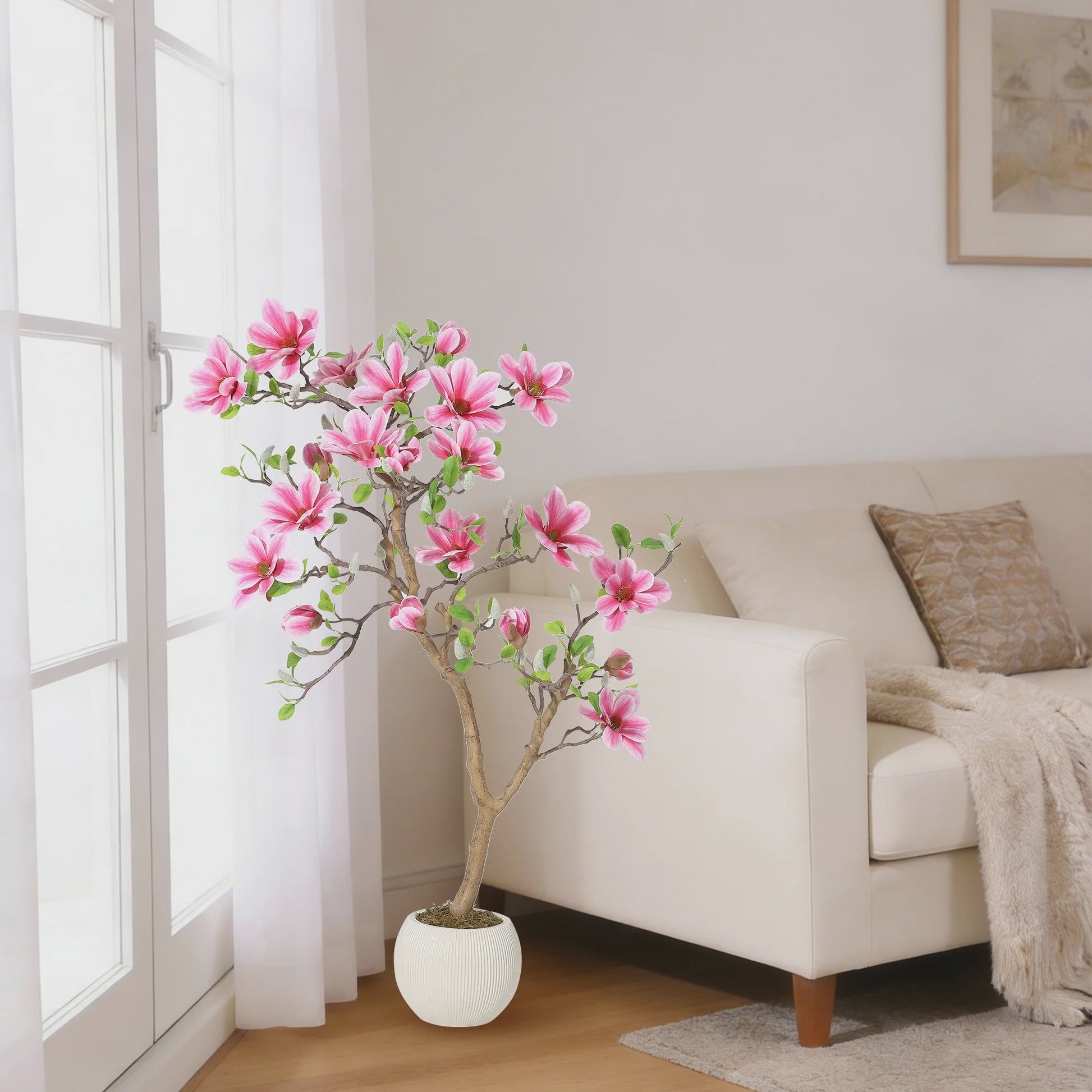 Levensgetrouwe Roze Magnolia Kunstboom - Realistische Zijde Plant in Pot voor Woonkamer Entree