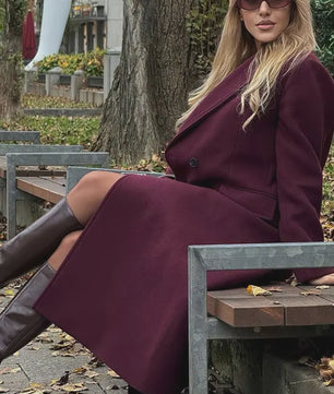 Dames Jas Burgundy - Dubbelzijdig Sluitend, Lange Mouwen, Klassieke Kraag - Herfst Winter Collectie