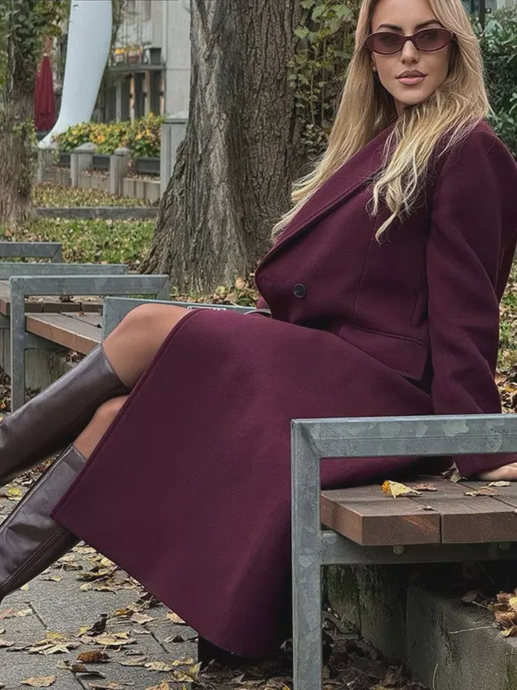 Dames Jas Burgundy - Dubbelzijdig Sluitend, Lange Mouwen, Klassieke Kraag - Herfst Winter Collectie