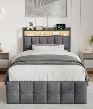 Stijlvol 1-Persoons Bed 90x200cm met LED, USB & Opbergruimte - Velvet/Linnen
