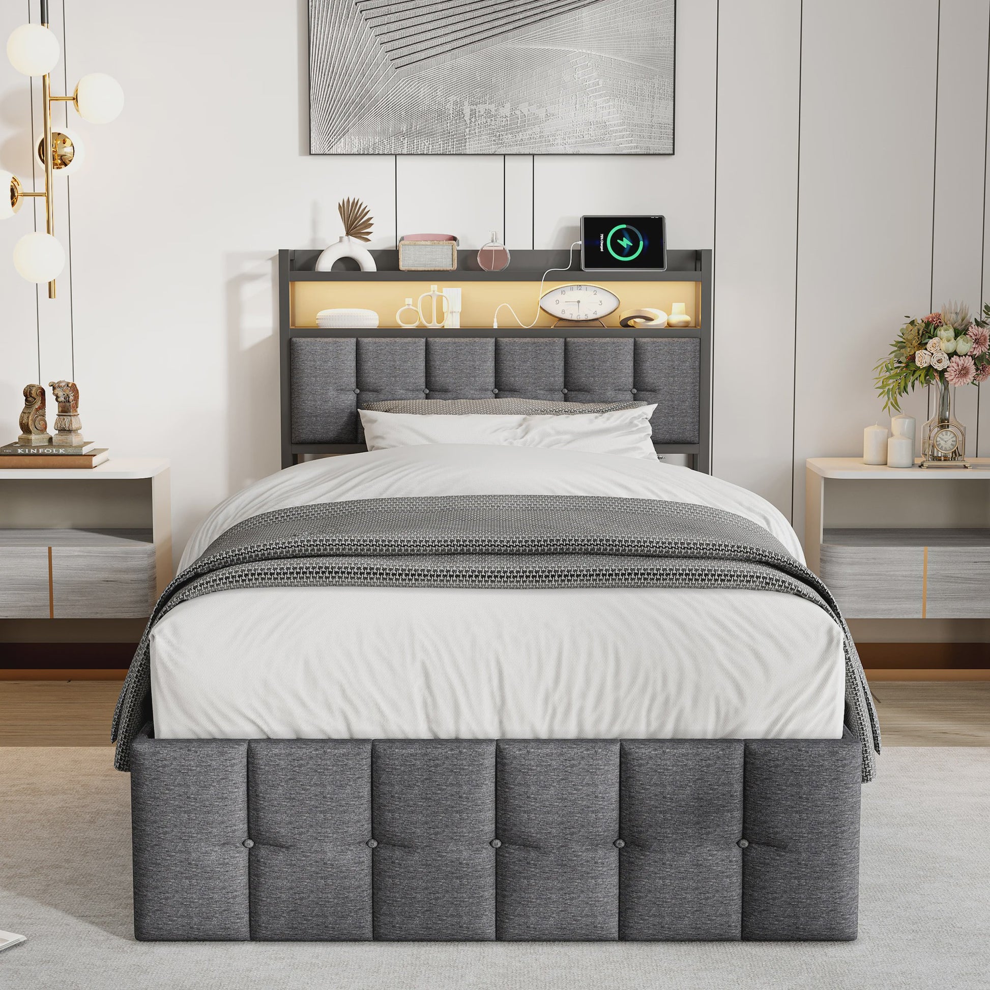 Stijlvol 1-Persoons Bed 90x200cm met LED, USB & Opbergruimte - Velvet/Linnen