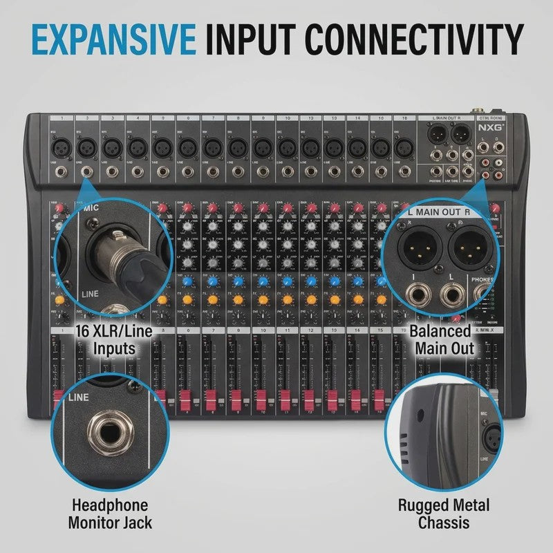 Yamnweo CT16 Professionele 16-Kanaals Audio Mixer met DSP Effecten, Bluetooth & USB