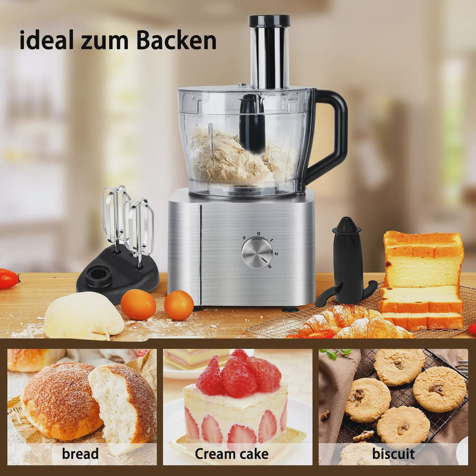 11-in-1 Keukenmachine 1100W met 3.2L Kom & 1.5L Blender - Compact Zilver