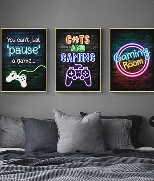 Gaming Neon Canvas Poster: Eat Sleep Game Repeat - Decoratie voor Gamer Kamer