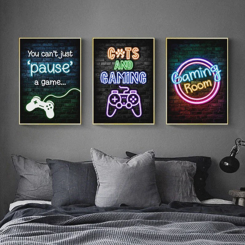 Gaming Neon Canvas Poster: Eat Sleep Game Repeat - Decoratie voor Gamer Kamer