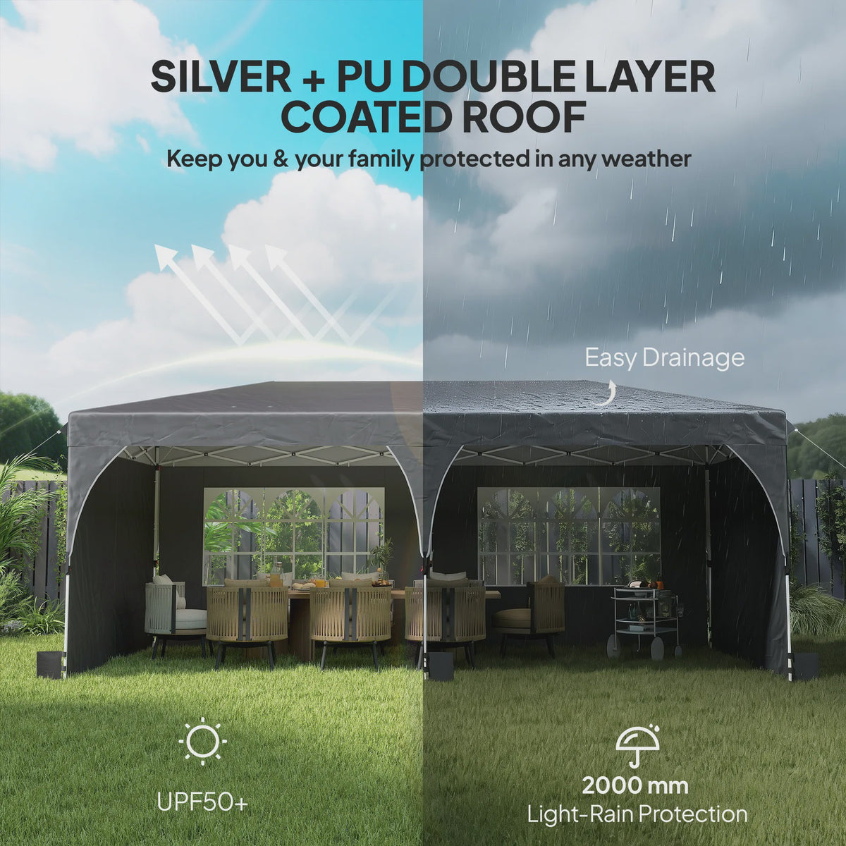 Outsunny Partytent 6x3m - Snel Opzetbaar, Waterdicht & UV-beschermend met Reflecterende Strips