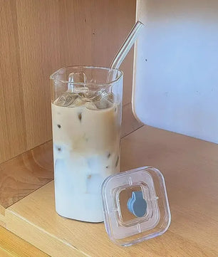 Vierkante Glazen Koffiebeker met Deksel en Rietje - Hittebestendig & Transparant