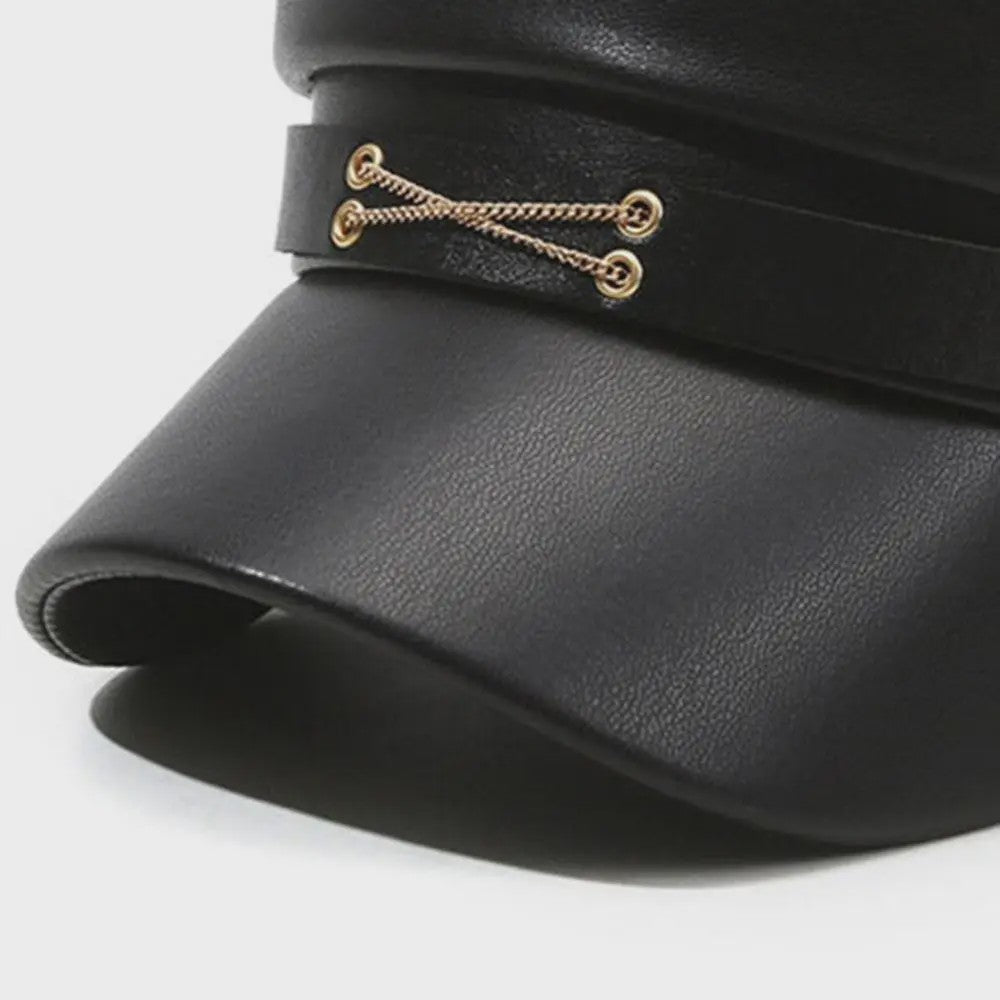 Klassieke Zwarte PU Lederen Baret met Vizier - Retro Stijl Pet voor Dames
