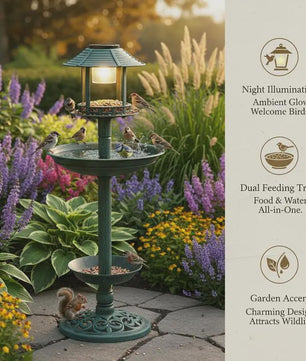 Decoratief Vogelbad met Voedersysteem en Verlichting - 97cm Hoog - Duurzaam Hars