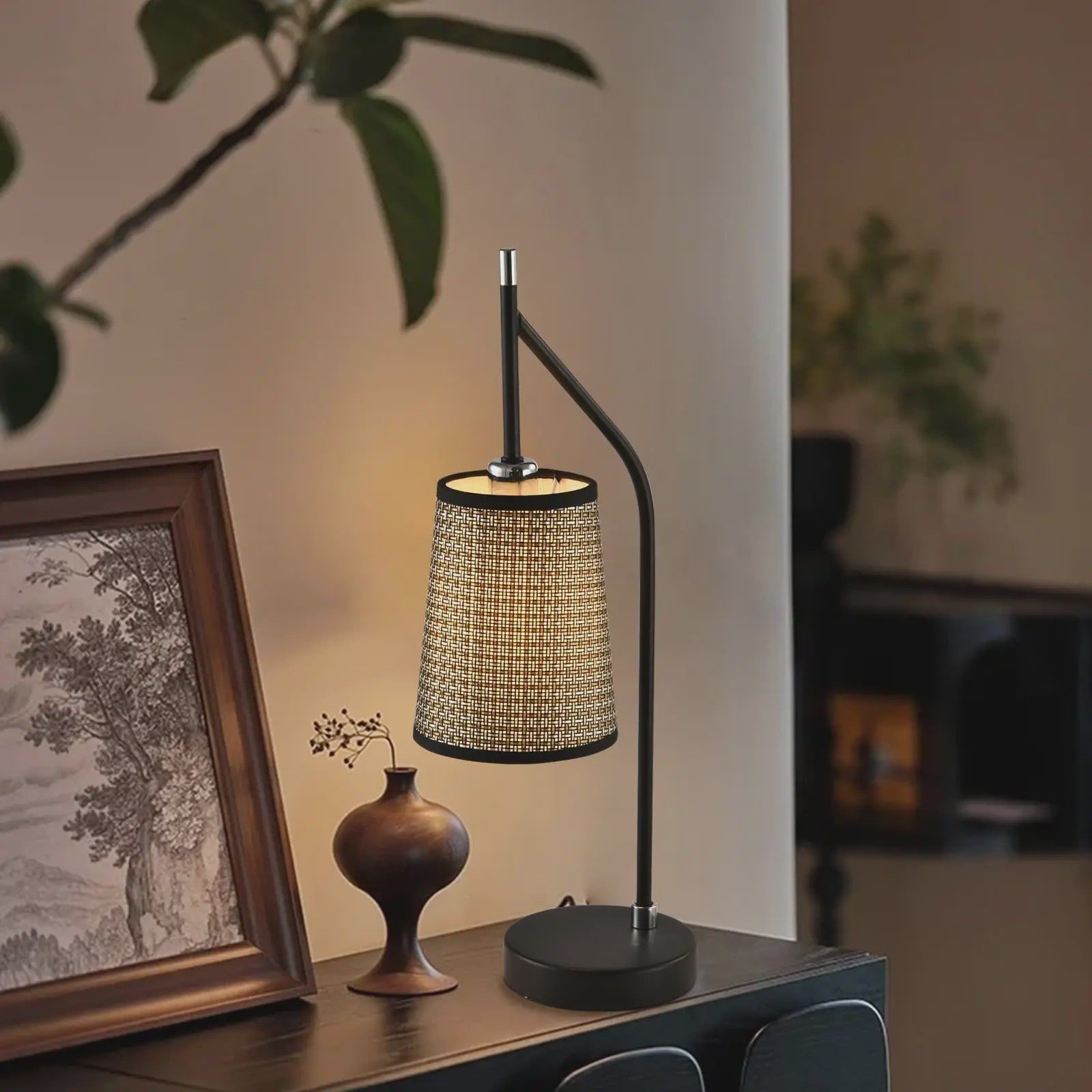 Retro Vintage Tafellamp Zwart met Beige Stofkap - Sfeervolle Verlichting voor Slaapkamer & Woonkamer