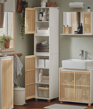 Smalle Hoge Badkamerkast met Planken - Wit & Houtkleur - 33x165x33 cm