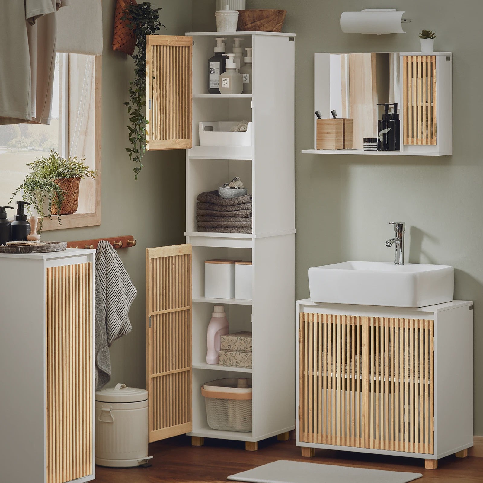 Smalle Hoge Badkamerkast met Planken - Wit & Houtkleur - 33x165x33 cm