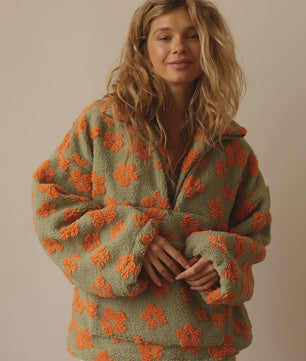 Dames Sherpa Pullover Hoodie met Bloemenprint en Halve Rits - Warm & Stijlvol