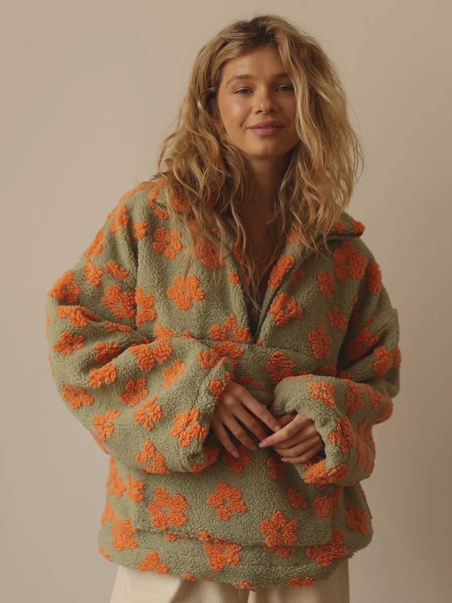 Dames Sherpa Pullover Hoodie met Bloemenprint en Halve Rits - Warm & Stijlvol