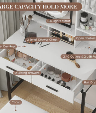 Make-up Tafel met Verlichte Spiegel, 3 Lichtstanden & Föhn-houder