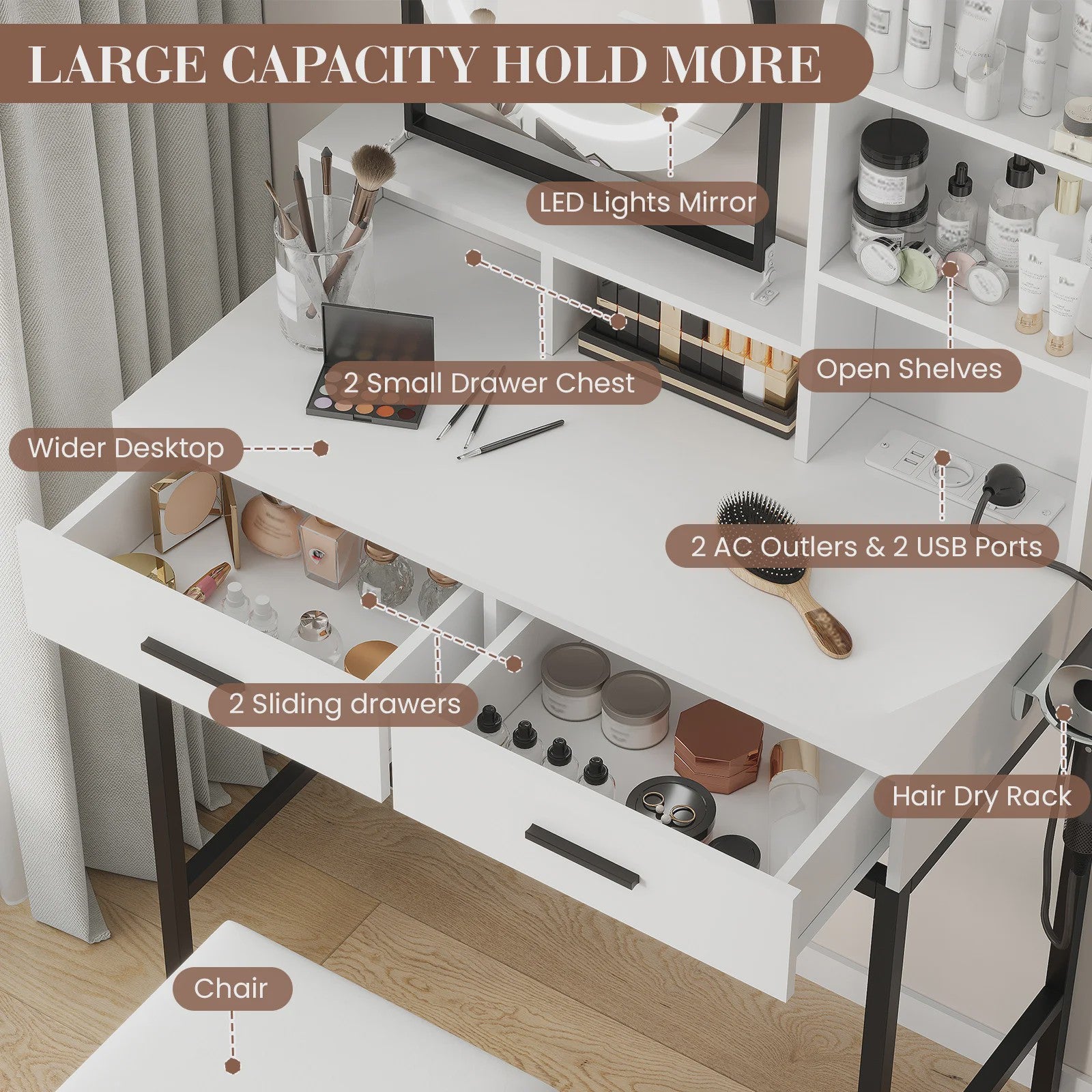 Make-up Tafel met Verlichte Spiegel, 3 Lichtstanden & Föhn-houder
