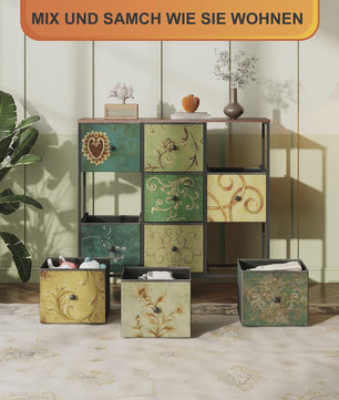 Retro Ladekast met 9 Stoffen Lades - 100x30x86.5cm - Houten Bovenblad & Metaal Frame