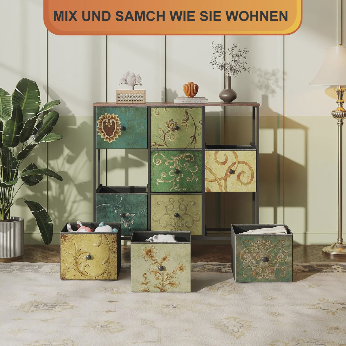 Retro Ladekast met 9 Stoffen Lades - 100x30x86.5cm - Houten Bovenblad & Metaal Frame