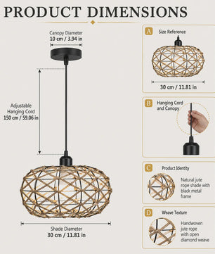 Rustieke Jute Touw Hanglamp - Boho Stijl Verlichting voor Keuken, Eetkamer & Slaapkamer