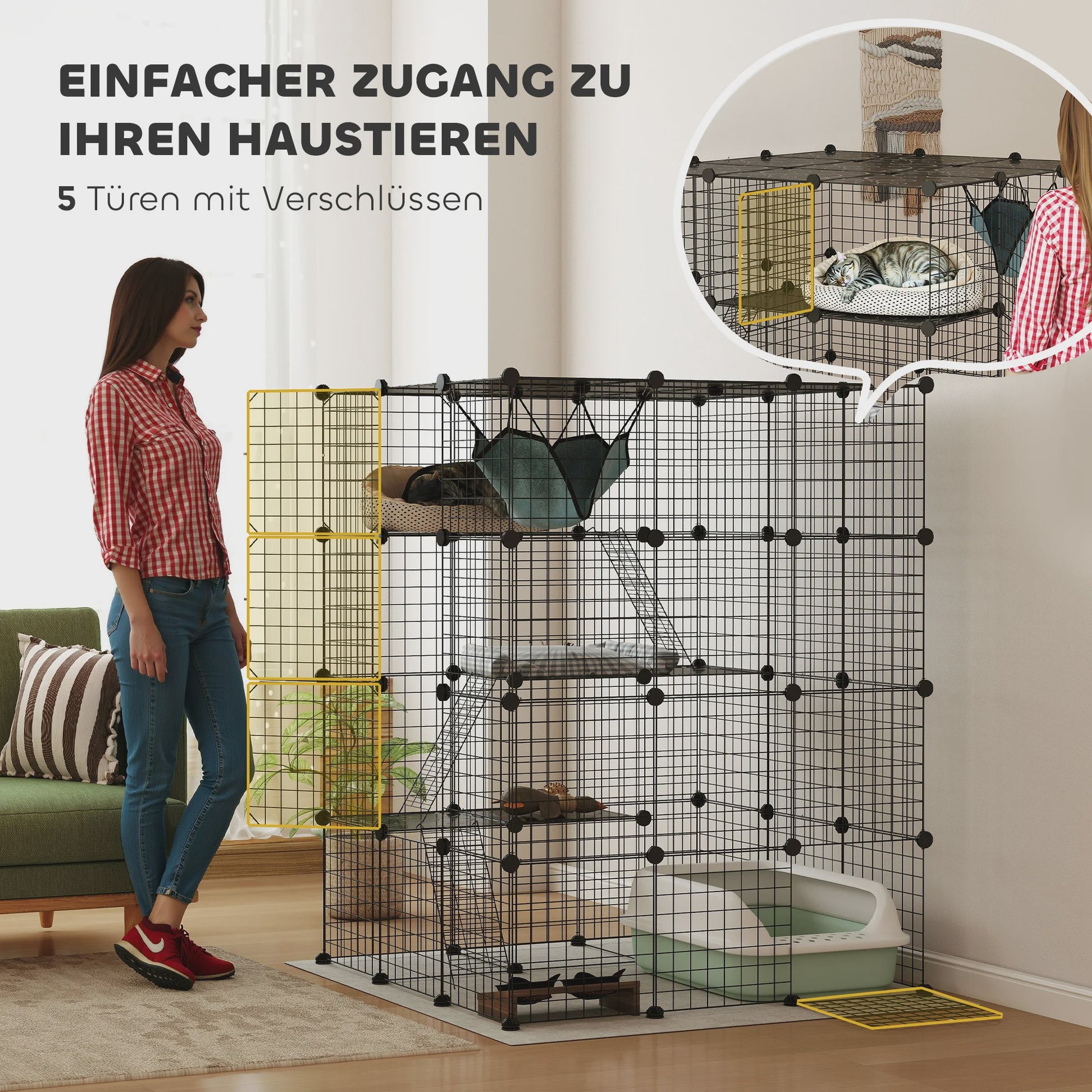 Grote DIY Kattenkooi Ren met Platforms en Hangmat - Ruim Binnenverblijf voor Katten
