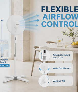 Zephir 40cm Staande Ventilator - 45W, 3 Snelheden, Verstelbare Hoogte tot 130cm, Oscillerend