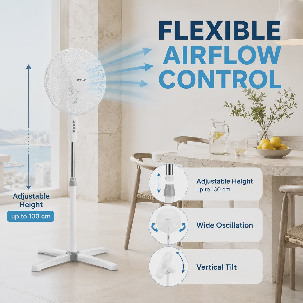 Zephir 40cm Staande Ventilator - 45W, 3 Snelheden, Verstelbare Hoogte tot 130cm, Oscillerend