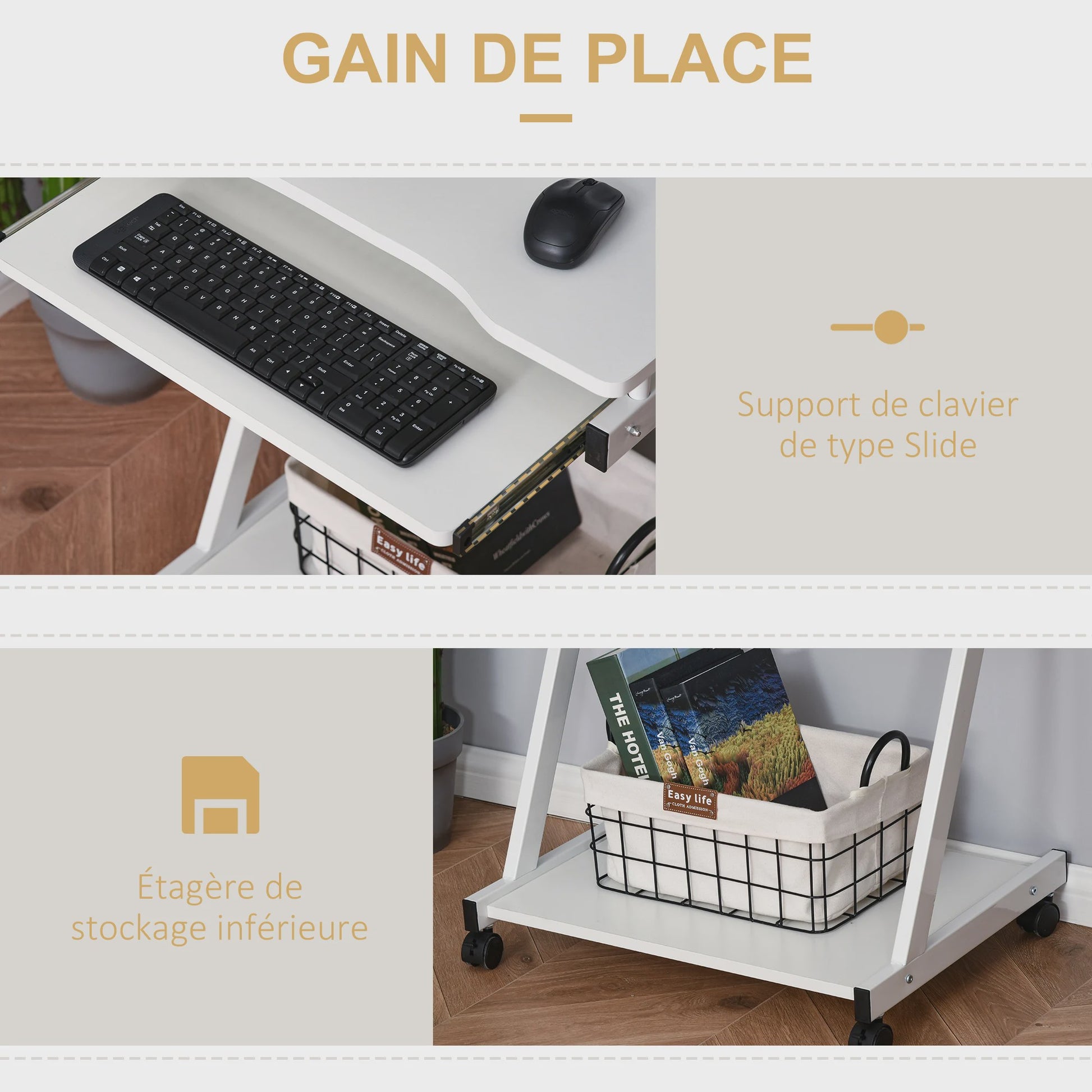 Mobiel Wit Computerbureau met Uitschuifbaar Toetsenbord en Extra Plank