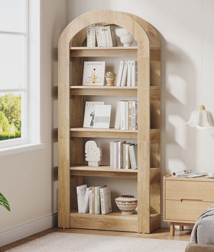 Houten Boekenkast met 5 Bogen - 71.6 Inch Hoge Staande Opbergkast in Teak Kleur