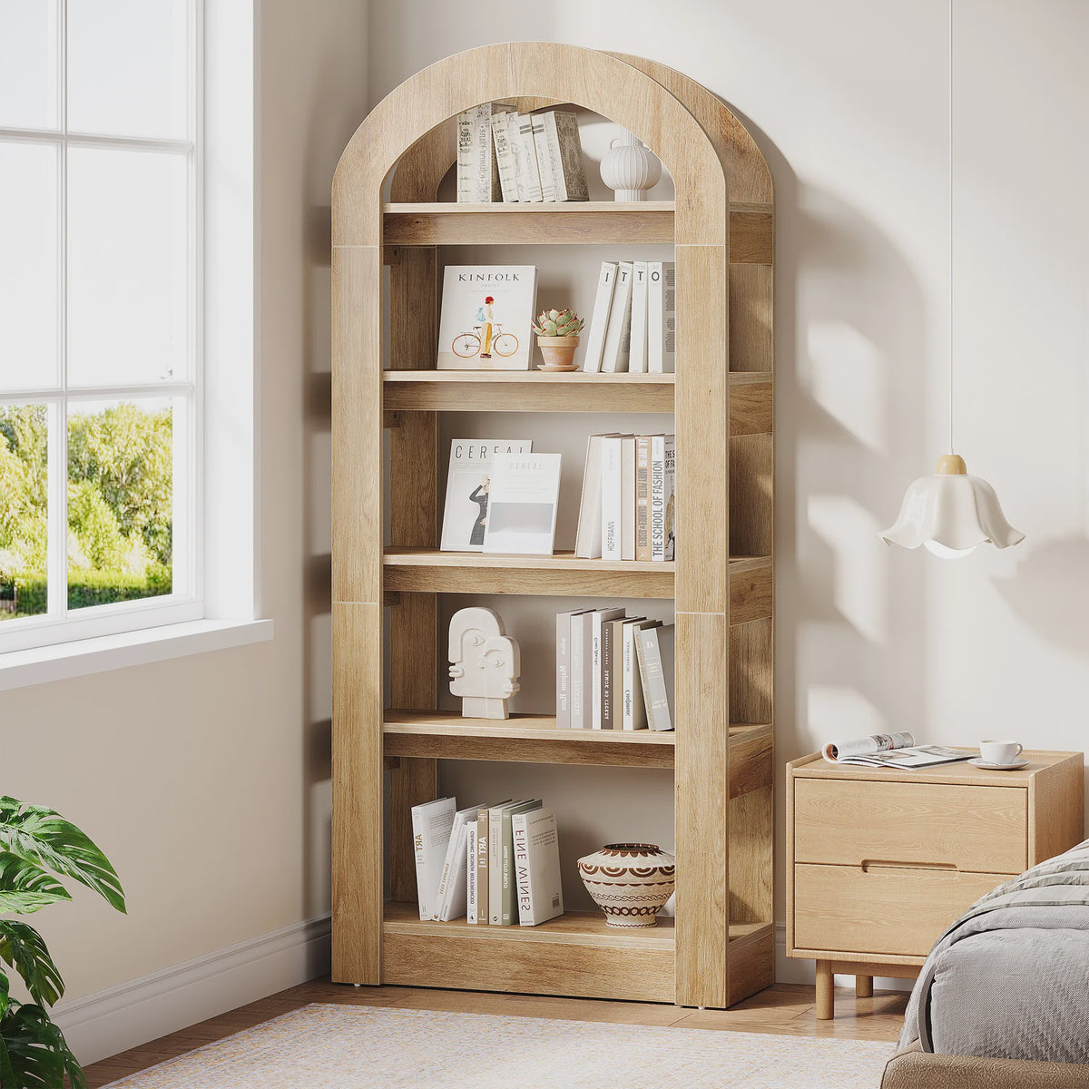 Houten Boekenkast met 5 Bogen - 71.6 Inch Hoge Staande Opbergkast in Teak Kleur