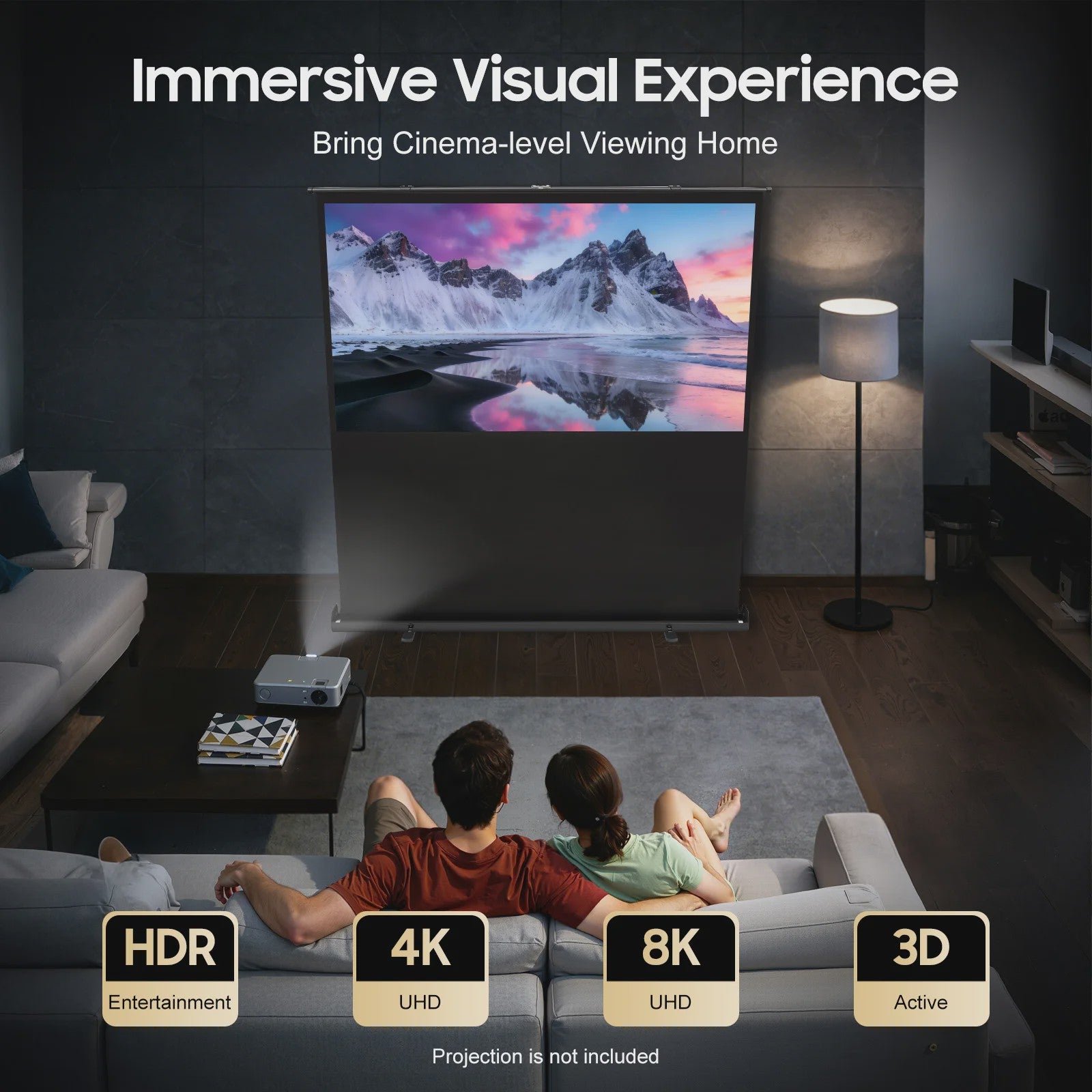 80 Inch Draagbaar Projectiescherm met Verhoogbaar Frame - 16:9, 4K/8K Ultra HD, 160° Kijkhoek, HDR/3D