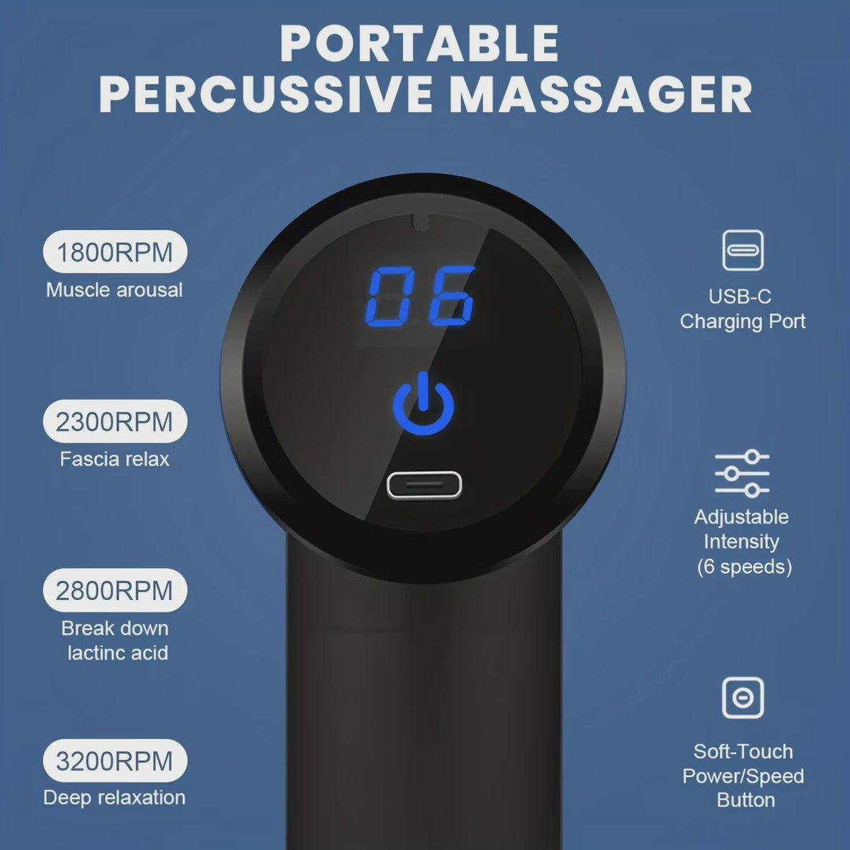 Draagbaar Massagepistool met LED Touchscreen en 4 Opzetstukken