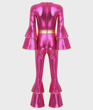 Dames Jumpsuit 70s Disco Metallic Met Wijde Pijpen en Flare Mouwen