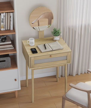 Houten Make-up Tafel met Rotan Ladefront en Ronde Spiegel - Stijlvolle Kaptafel