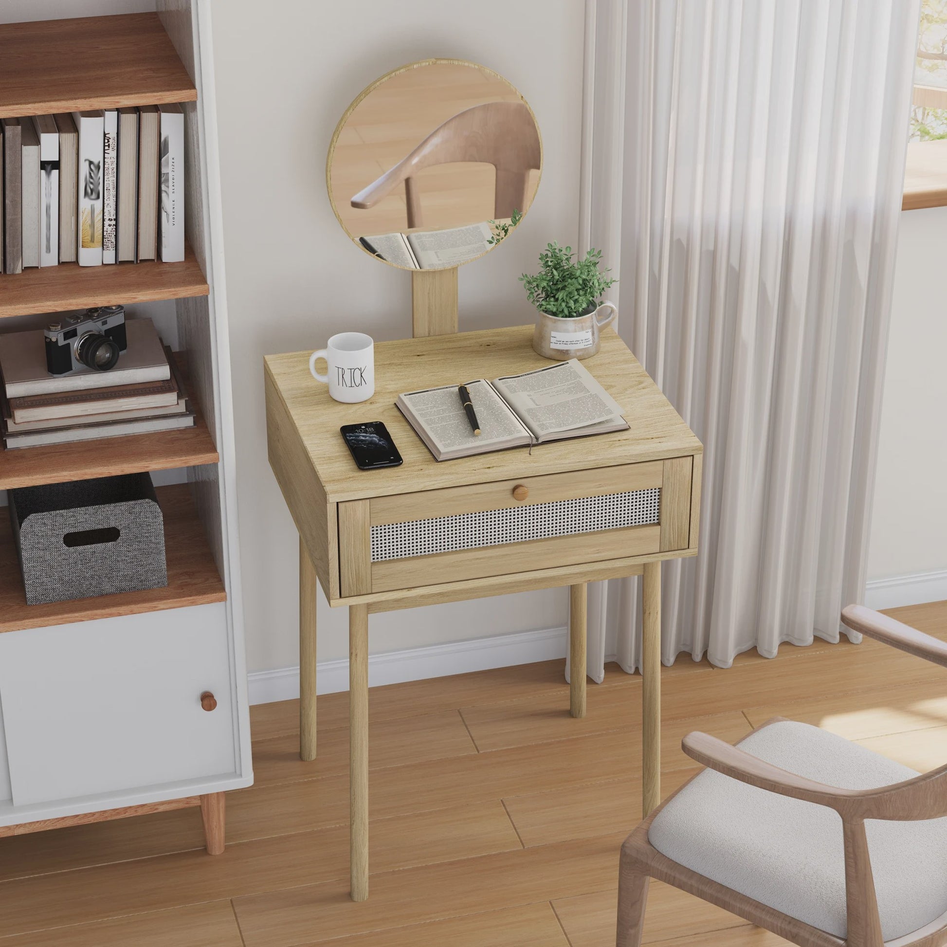 Houten Make-up Tafel met Rotan Ladefront en Ronde Spiegel - Stijlvolle Kaptafel