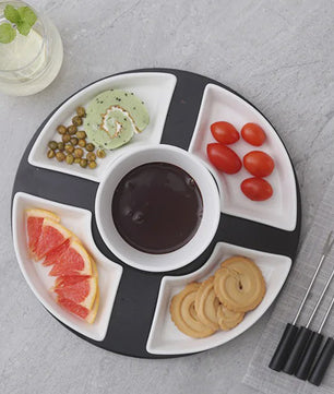 Keramische Fondue Set: Chocolade & Kaas Fondue met 4 Dipkommen, Vorken en Houten Plateau