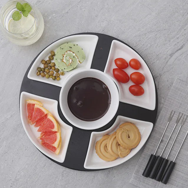 Keramische Fondue Set: Chocolade & Kaas Fondue met 4 Dipkommen, Vorken en Houten Plateau