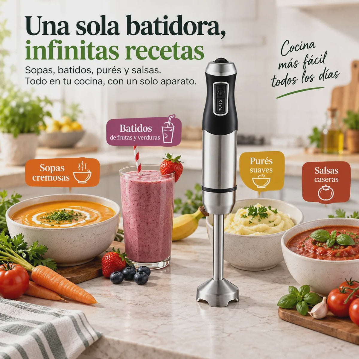 Krachtige 1500W Staafmixer met Turbo, RVS Bladen & Afneembare Arm - Ideaal voor Smoothies, Soepen en Sauzen