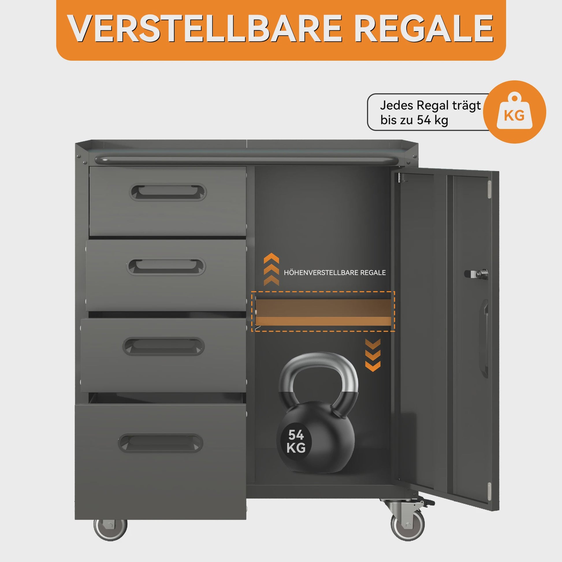 Stevige Metalen Gereedschapskast op Wielen - 75x42x88 cm, Zwart/Grijs
