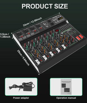 FULUODE V-600 Professionele 6-Kanaals Mixer met 320 DSP Effecten, Bluetooth & 48V Fantoomvoeding