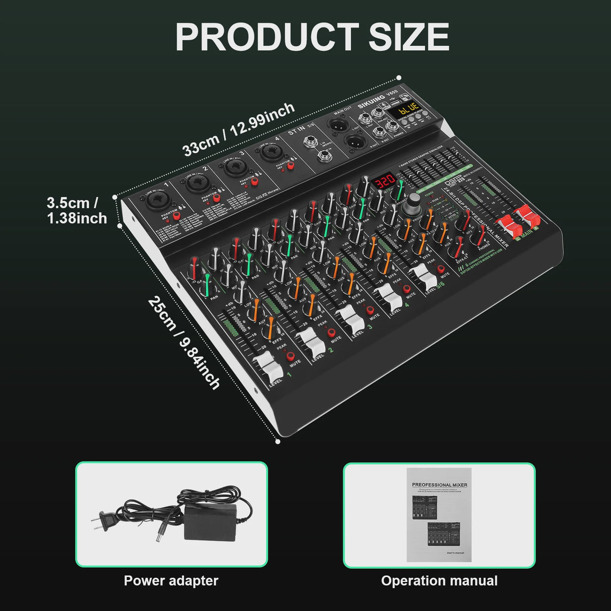 FULUODE V-600 Professionele 6-Kanaals Mixer met 320 DSP Effecten, Bluetooth & 48V Fantoomvoeding