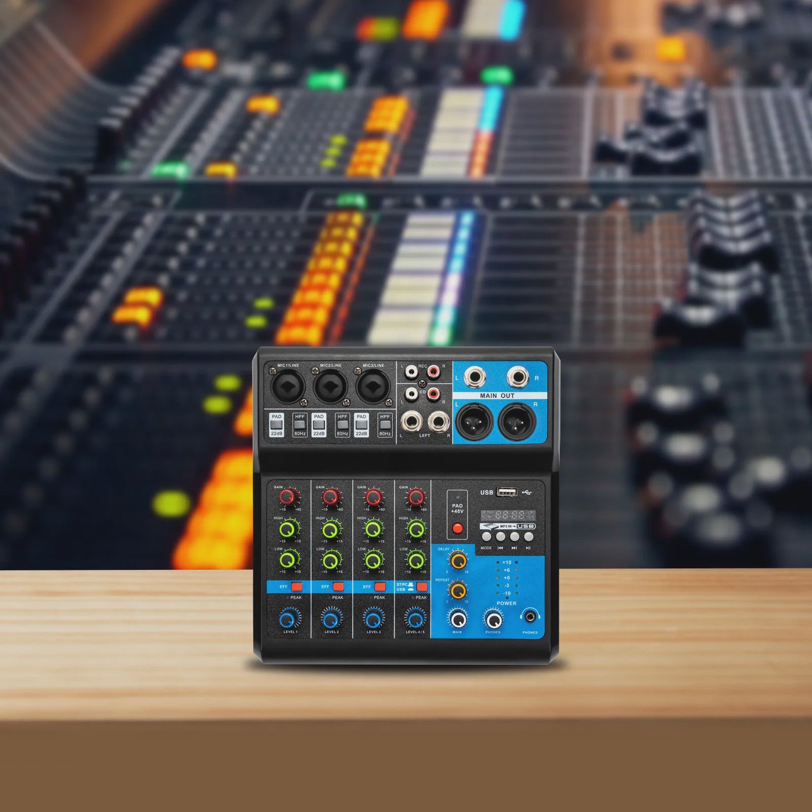 5-Kanaals Audio Mixer met 48V Fantoomvoeding, Bluetooth 5.0 & USB - Professionele Geluidskaart voor Streaming & KTV