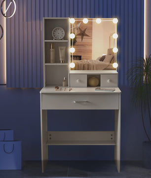 Witte Kaptafel met LED Verlichting & Spiegel - Compact Make-up Tafelmeubel voor Kleine Ruimtes